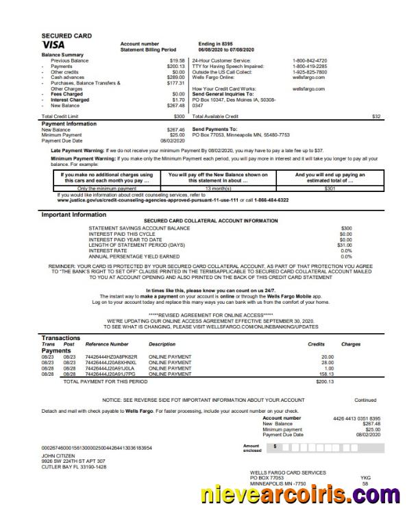 USA Wells Fargo bank credit card statement